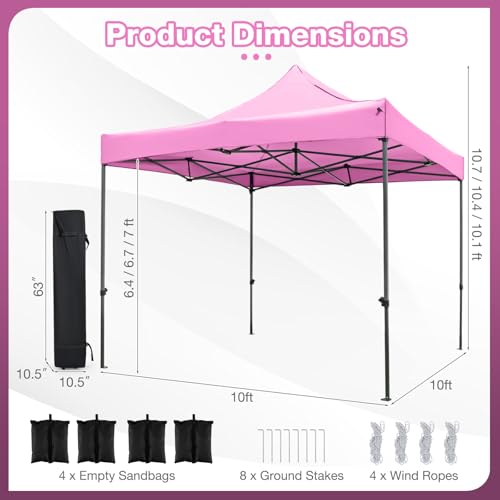Tangkula 10x10 FT Pop Up Canopy, Instant Setup Outdoor Tent with Heavy-Duty Carbon Steel Frame, Wheeled Bag, 4 Sandbags, 8 Stake, 4 Ropes, Portable Canopy Tent for Parties Events Camping (Pink) - color: Pink