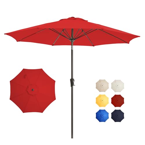 9FT Large Outdoor Patio Umbrella Pool Market Umbrella-UV Resistant, Easy Push Button Tilt and Crank, 8 Sturdy Ribs Heavy-Duty Table Umbrella for Deck, Backyard, Garden(Red) - color: Red, size: 9 FT