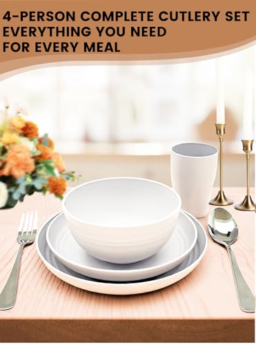 24 Pcs Dinnerware Set- Dinner Plates Set- Picnic & Camping- Unbreakable & Reusable- Includes 4x 9in, 4x 8in Plates, 4x 6in Bowls, 4 Cups, 4 Stainless Steel Forks and Spoons- Kitchen, Dorm, Office - color: White, size: 24PCS