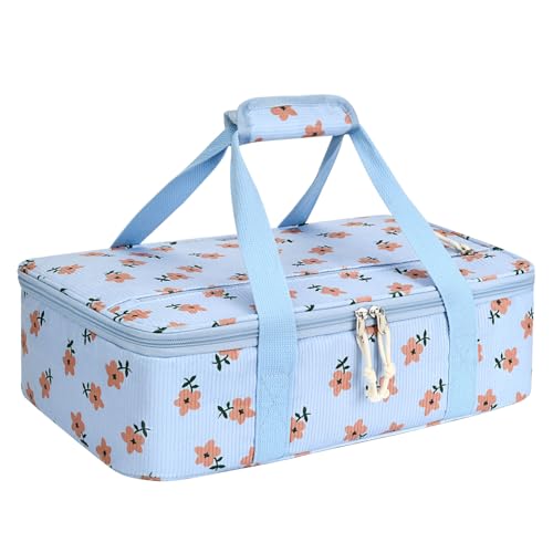 Corduroy Casserole Carrier, Insulated Lasagna Lugger for Hot/Cold Food, Fits 9" x 13" Baking Dish, Thermal Lunch Tote for Potluck & Picnic-Corduroy Pink Flowers - color: Corduroy Pink Flowers, size: 16x10x4 in