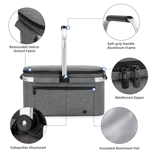 ALLCAMP Picnic Basket - 2 Ice Box Included 32L Insulated Cooler, Thickening Foldable Picnic Basket with Removable Baskets & Sewn-in Frame, Basket for House Warming Gifts New Home(Smoke Gray) - color: Smoke Gray, size: Large