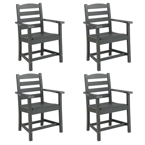 Tangkula Patio Dining Chairs Set of 4, HDPE All Weather Outdoor Chair w/Wide Armrests, Curved Seat, Wood Grain, Plastic Porch Chair for Backyard, Garden, Front Porch, Poolside (Gray, 4 Chairs) - color: Grey, size: 4 Chairs