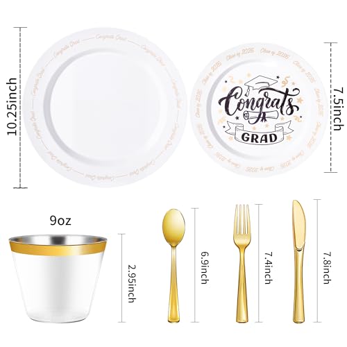 Goodluck 350 Piece Graduation Gold Plastic Dinnerware Set for 50 Guests, Congrats Grad Disposable Plates Include: 50 Dinner Plates, 50 Dessert Plates, 50 Cups, 50 Pre Rolled Napkins with Silverware - color: White, style: 350 Piece (50 guests)