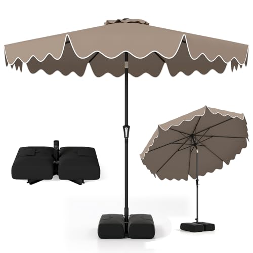 Tangkula 9 FT Patio Umbrella with Base Included, 2-Tiers Outdoor Scalloped Table Umbrella with 2 Sandbags, Tilt Adjustment, Crank, 8 Ribs for Market Backyard Pool Deck Beach Lawn - color: Tan, size: 9 FT