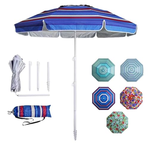 LOTTAFUN 6.5ft Beach Umbrella - Heavy Duty Wind Resistant UV 50+ Portable Sun Shade with Sand Anchor & Carry Bag, Outdoor Folding Umbrella for Beach, Pool, Patio, Garden (Blue color strip) No Tilt - color: Blue color strip