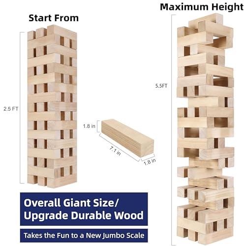 GOTHINK Giant Tumbling Tower Game, Super Large 51pcs Wooden Blocks Stacking Game, Stacking Up to 5.5 Feet, Timber Blocks with Carry Bag, Jumbo Blocks Outdoor Indoor Game Toy Gift for Kids and Adults - size: XL- Up to 5.5FT