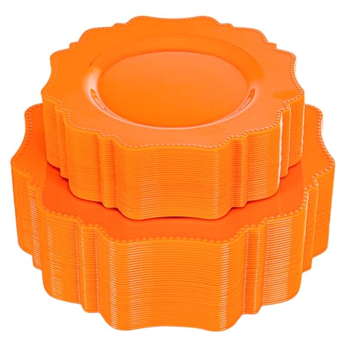 COLOSUS 100pcs orange Disposable Plastic Plate-Heavy duty plate for Party/Wedding/anniversary 50 dinner plates and 50 dessert/salad plates - color: Orange