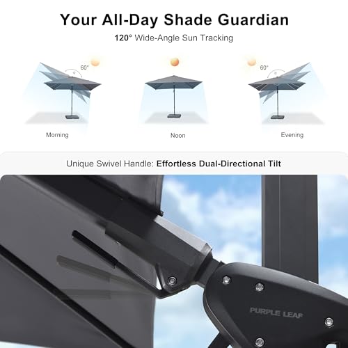 PURPLE LEAF 10 Feet Patio Umbrella Outdoor Cantilever Solar Powered LED Swivel Square Umbrella Aluminum Offset Umbrella with 360-degree Rotation for Garden Deck Pool Patio Light Grey - color: Light Grey, size: 10' X 10', style: Left-right Tilt（LED）