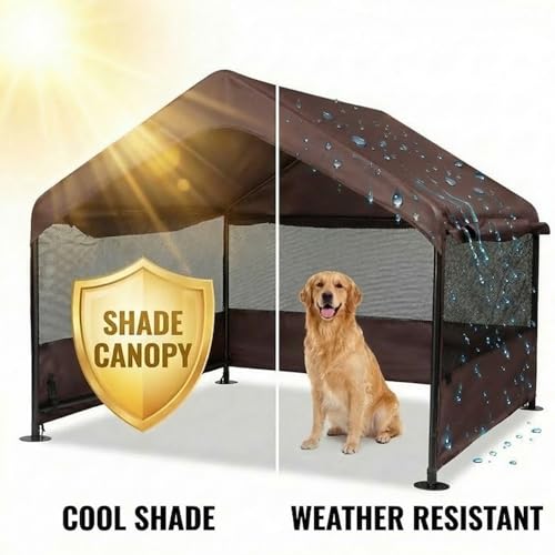 Dog Tent House Outdoor Shade 4'x4'x3' Shelter for Large Medium Pets,Outside Sun Rain Waterproof Canopy with Three-Sided Breathable Mesh Windows,Livestock House with Ground Nails,Brown - color: Brown with Breathable Mesh Windows
