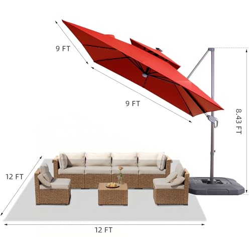 JZAC & QZYD 9x9 FT Outdoor Cantilever Patio Umbrella with Base Included and Solar LED Lights, Large Heavy Duty 2-Tier Square Aluminum Offset Umbrellas with 360-Degree Rotation for Pool Deck, Red - color: Red, size: 9'×9' - Weighted Base Included