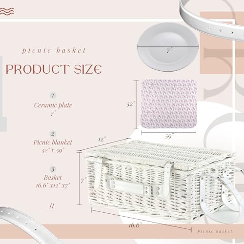 Picnic Basket Set for 4 with Waterproof Blanket Mat Insulation Bag Wicker Pink White Floral Classic Fresh Gift for Christmas Thanksgiving Wedding Birthday Camp Outdoor Beach Travel - color: White Floral