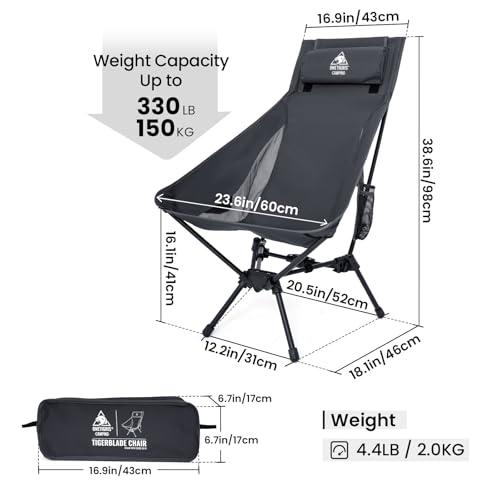 ONETIGRIS Tigerblade High Back Camping Chair with Pillow Design, Comfortable Widened Seat Folding Chair - color: Grey