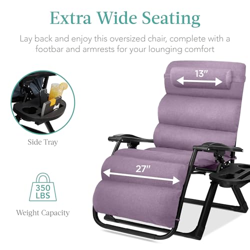 Best Choice Products Oversized Zero Gravity Chair, Folding Outdoor Patio Recliner, XL Anti Gravity Lounger w/Removable Cushion, Cup Holder, Side Tray, 350lb Capacity - Lavender - color: Lavender