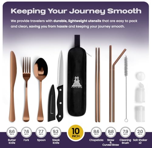 Taplord Portable Travel Silverware Set With Case, Includes 10 Pcs of Travel Utensils With Case, Stainless Steel Flatware Set For Camping, Lightweight (Rose Gold) - color: Rose Gold, size: 10 Pieces