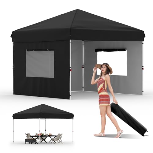 GarveeLife 10x10 Pop Up Canopy with 3 Sidewalls - Easy Up Camping Tent with One Button Push Setup - 1 Roller Bag, 3 Adjustable Height, 4 Weight Bags for Deck, Garden, Sports, Beach, Party - Black - color: Black, size: 10x10