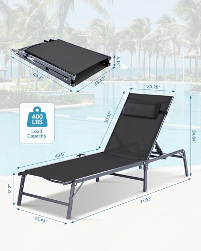 Foldable Chaise Lounge Chair with Cup Holder, Assemble-Free Outdoor Lounge Chair with Detachable Pillow and 6 Adjustable Backrest, Patio Lounge Chair for Outside Poolside Beach Pool, Black - color: Black, size: 1-Pack