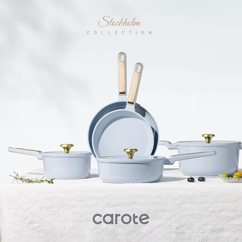 CAROTE Ceramic Cookware Set Nonstick, 14pcs Pots and Pans Set Nonstick, Non-Toxic & PFAS-Free, Dishwasher, RV/Camping Cookware Set, Cooking Pots with Lids, Pastel Blue - color: Light Blue