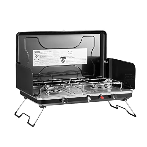 FineFlame Camping Stove, Propane Portable Camp Stove with Regulator, Push-Button Instant Ignition, Adjustable Burners & Wind Guards for Car BBQ Picnics Outdoor Camping Cooking (20000BTU-2 Burners) - color: Black-2 burner-20000BTU
