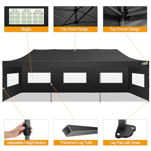 COBIZI 10x30 Pop up Canopy Tent 10x30 Canopy with 8 Sidewalls Waterproof Heavy Duty Commercial Tent for Parties Outdoor Garden Gazebo, Carry Bag with Wheel(10x30ft, Black) - color: Black, size: 10X30FT 8 Sidewalls
