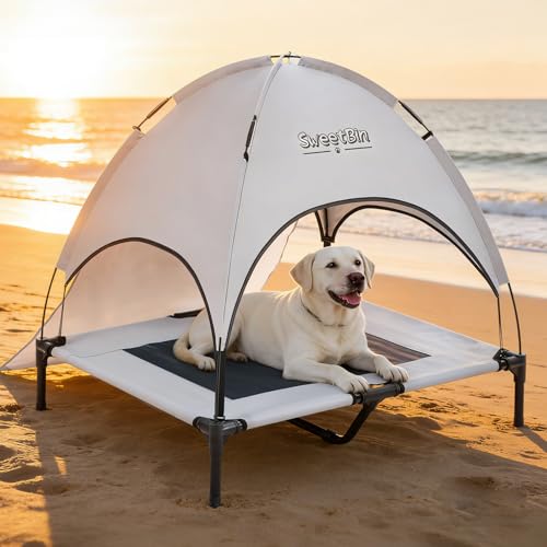 S/M/L Outdoor Raised Dog Cot with Canopy & Side Shade - Portable Cooling Elevated Dog Bed for Camping Beach (with Carry Bag) - color: Grey, size: L (36" x 30" x 35")
