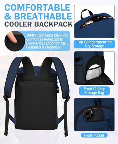 Cooler Backpack, 22L Waterproof Soft Backpack Coolers Leak Proof Beach Backpack Insulated Picnic Lunch Bag for Fishing Camping,Beach,Hiking,Travel - color: Navy Blue