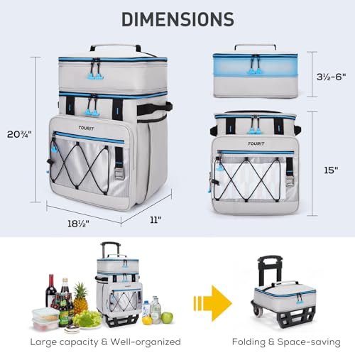 TOURIT Collapsible Cooler with Wheels, Insulated Rolling Cooler with All-Terrain Cart, Waterproof Soft Sided Cooler Bag for Beach, Picnic, Camping, Shopping, Travel - color: Light Gray, size: 75Can 44L