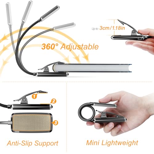 Gritin 9 LED Rechargeable Book Light for Reading in Bed - Eye Caring 3 Color Temperatures,Stepless Dimming Brightness,80 Hrs Runtime Small Lightweight Clip On Book Reading Light for Studying - color: ‎Black