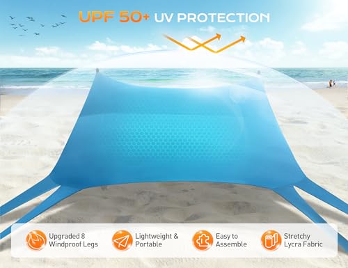 Rengue Beach Tent, Beach Canopy UPF50+ UV Protection, 10x10ft Beach Shade Sun Shelter with 8 Sandbags, Sand Shovels, Ground Pegs, Stability Poles for Camping, Fishing, Picnics, Backyard Fun, Sky Blue - color: Sky Blue