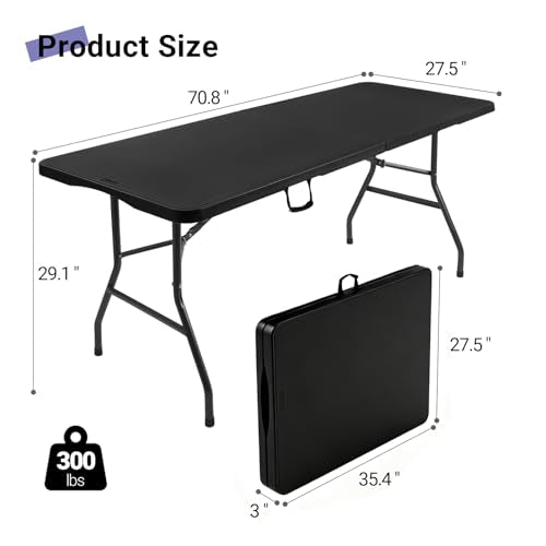 Byliable Folding Table 6ft, Heavy Duty Portable Plastic Fold-in-Half Utility Table with Carrying Handle for Indoor Outdoor, Camping Picnic Party, Black - color: Black, size: 6FT