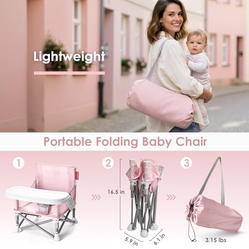 Tiny Marvels Portable Booster Seat, Foldable Baby High Chair with Removable Tray, Safety Harness & Carry Bag – for Toddlers Ages 6M-3Y, Ideal for Dining, Travel, Camping & Family Time - color: Pink