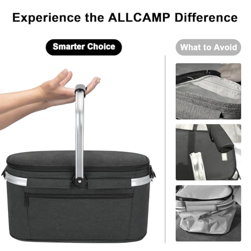 ALLCAMP Picnic Basket - 2 Ice Box Included 32L Insulated Cooler, Thickening Foldable Picnic Basket with Removable Baskets & Sewn-in Frame, Basket for House Warming Gifts New Home(Black) - color: Black, size: Large