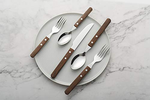 ANNOVA 20 Piece Silverware Set, Service for 4, Stainless Steel Retro/Rivet Walnut Wood Tableware Kitchen Flatware Set Utensils, Includes Dinner Knives, Forks, Spoons, Salad Forks & Dessert Spoons - color: Walnut/Wood 303, size: 20 Pieces
