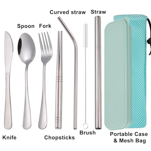 Travel Utensils with Case, Cutlery Set Portable Camp Reusable Flatware Silverware, 7 Pcs Stainless Steel Reusable Cutlery Set, Include Fork, Spoon, Knife, Chopsticks, 2 x Straws & Straw Cleaner Brush - color: Mint Green
