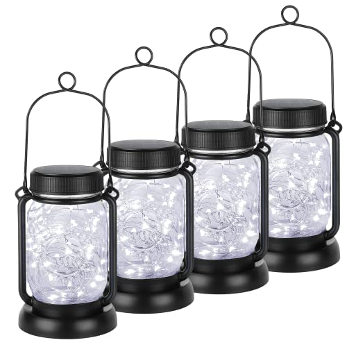 Mlambert Cool White 4 Pack Solar Hanging Mason Jar Lights with Stakes, Waterproof Decorative 30 LEDs Outdoor Solar Lantern Lamp Patio Garden Tree Yard - color: Cool White