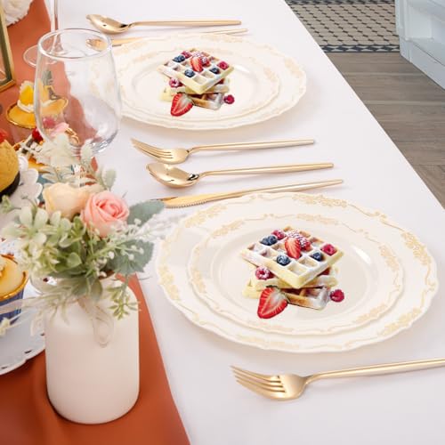 U-QE 100 PCS Ivory Plastic Plates with Gold Rim - Gold Plastic Plates for Party - Heavy Duty Plastic Plates Disposable Use Including 50 Dinner Plates 10 '' & 50 Dessert Plates 7.5 '' - color: Ivory Gold