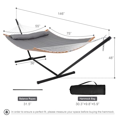 Outdoor Hammock with Stand Included, Heavy Duty Hammock with Curved Spreader Bar, Pillow and Portable Bag, 450 Lbs Capacity, Grey - color: Grey