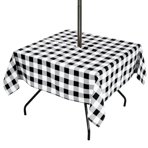 Poise3EHome Square Outdoor Tablecloth with Umbrella Hole and Zipper,Black Gingham 60x60 Inch,Polyester SpillProof Washable Table Cloth for Spring Summer Patio Garden Poolside Picnic Camping BBQS - color: Black Gingham, size: 60" x 60" (Square)