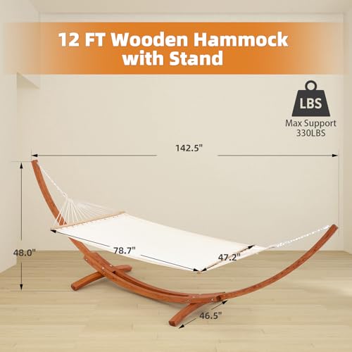 ECOTOUGE 12 FT Wooden Hammock with Stand for Single Person, Weather-Resistant, Certified Sustainable Hammock Bed for Backyard, Balcony, Porch(White) - size: 12FT