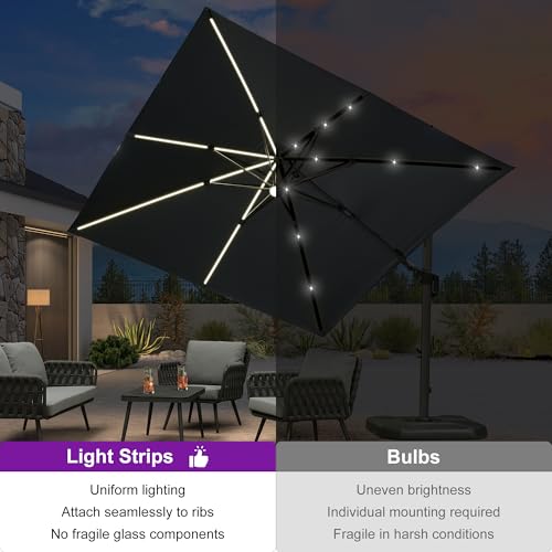 PURPLE LEAF 10 Feet Patio Umbrella Outdoor Cantilever Solar Powered LED Swivel Square Umbrella Aluminum Offset Umbrella with 360-degree Rotation for Garden Deck Pool Patio, Grey - color: Grey, size: 10' X 10', style: Left-right Tilt（LED）