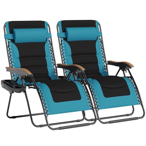 PHI VILLA XXL Oversized Padded Zero Gravity Chair Set of 2, Foldable Patio Recliner, 30" Wide Seat Anti Gravity Lounger with Armrest and Cup Holder, Support 400 LBS (Aqua Blue) - color: Aqua, style: 2 Pcs