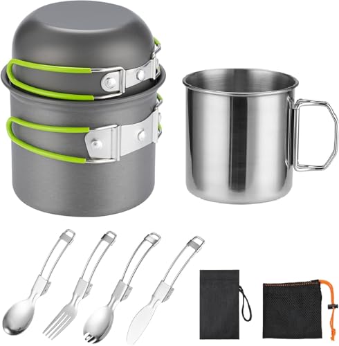 Camping Cookware Mess Kit for 1 People,ISFORU Camping Non-Stick Cooking Set Include Backpack Pot and Pan Set with 304 Stainless Steel Cup and Utensil Set for Traveling Trekking and Hiking