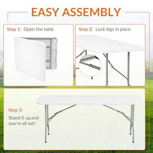 Elevon Folding Table Set with 6 White Folding Chairs,6 Feet Heavy Duty Fold-in-Half Utility Table Sets for Picnic, Event, Training, Outdoor Activities, at Home and Commercial Use - size: 6 feet, style: With 6 Chair