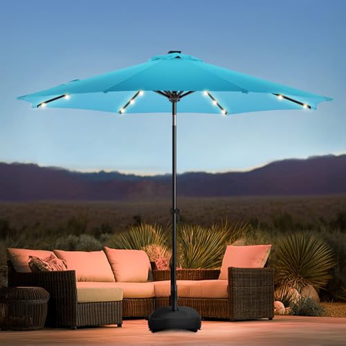 wikiwiki 9FT Solar Led Patio Umbrella with Base Included, 32 LED Lights, 8 Sturdy Ribs, Fade Resistant Waterproof POLYESTER DTY Canopy for Garden, Lawn, Deck, Backyard & Pool, Sky Blue - color: Sky Blue, size: 9FT
