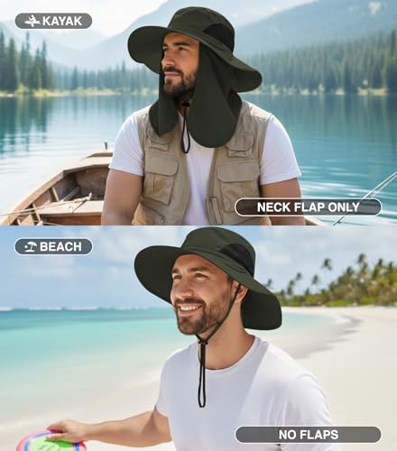 GearTOP Wide Brim Sun Hat for Men & Women, UPF 50+ Fishing Hat with Detachable Neck Flap & Face Cover Gardening Boonie Sunhat - color: Army Green With Flaps & Face Cover