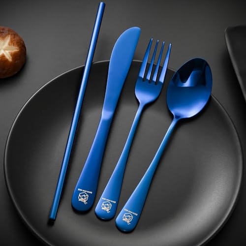 Boulder Bee | Travel Utensils Set | Reusable Camping Cutlery Set | Stainless Steel Flatware Set | Portable Silverware Set with Case | Includes Knife/Fork/Spoon/Straw/Cleaning Cloth/Case (Blue) - color: Blue