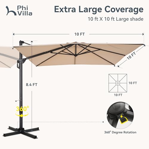 PHI VILLA 10ft Cantilever Patio Umbrella with Crank Handle, 7-Level Tilt & 360° Rotation, Aluminum Square Outdoor Offset Umbrella Windproof & Crashproof for Garden, Deck, Pool (Beige) - color: Beige, size: 10'x10'-No Base