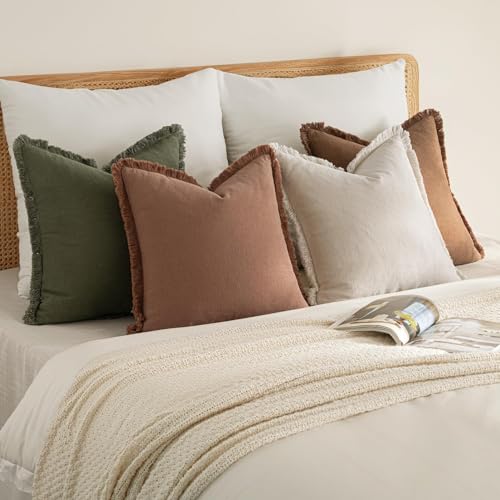 MIULEE Decorative Couch Pillow Covers Neutral Linen Fringe Throw Pillows Set of 4 Soft Rustic Cushions Boho Farmhouse Pillowcases for Bed Sofa Living Room Spring Decor 22x22 Inch Beige/Brown/Green - color: Brown Green, size: 22" x 22" (Pack of 2)