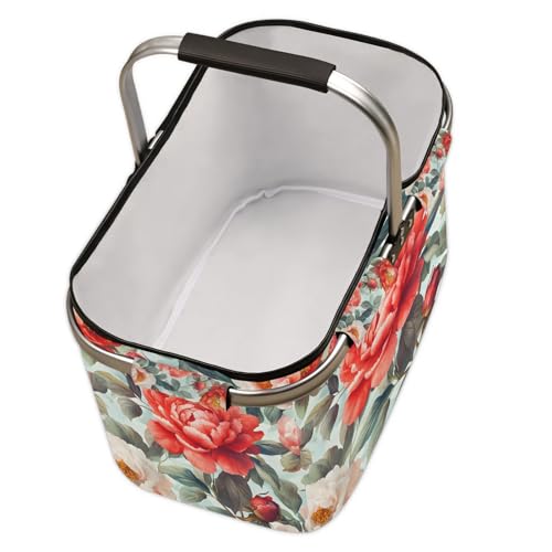 Boho Floral Picnic Basket Large Collapsible Market Baskets Portable Reuasble Shopping Bags with Handles for Camping Beach Travel - color: Multi B