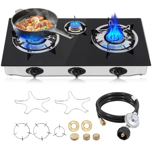 Propane Gas Cooktop,3 Burners Gas Stove portable, 0.28"Tempered Glass, Auto Ignition Camping 3 Burner LPG for RV,Apartments,Outdoor