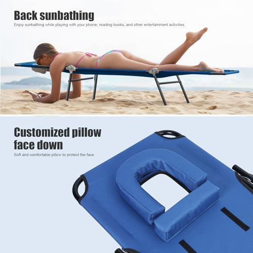 Patio Lounge Chair Reclining Folding Chaise for Indoor Outdoor Adjustable Portable Chair Removable Pillow, Sunbathing Chair for Patio, Poolside, Lawn, Beach (Blue) - color: Blue